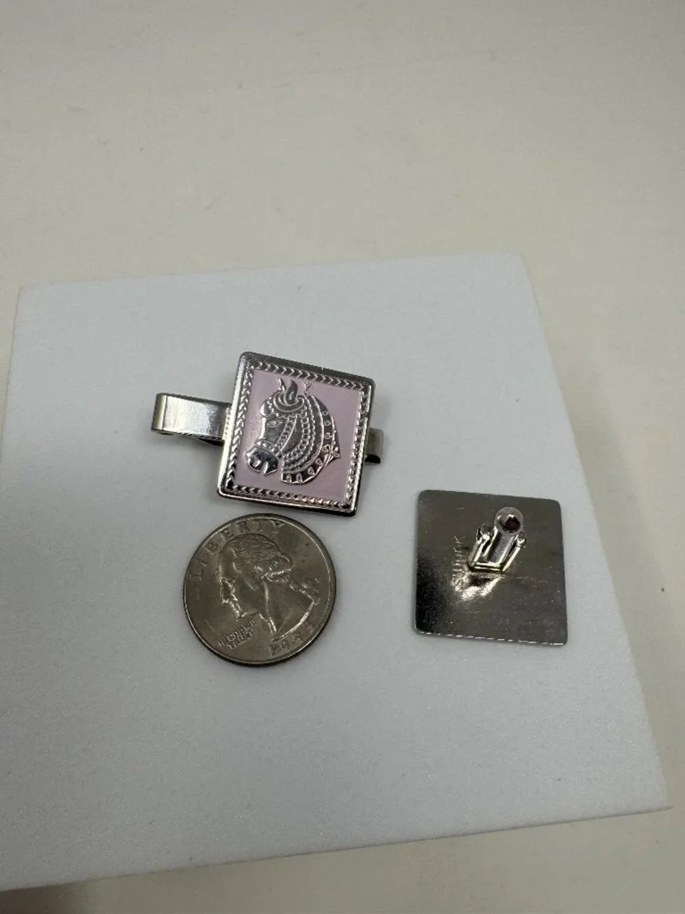 Vintage Swank Lavender Pink Enamel Horse Tie Clip & Single Cufflink